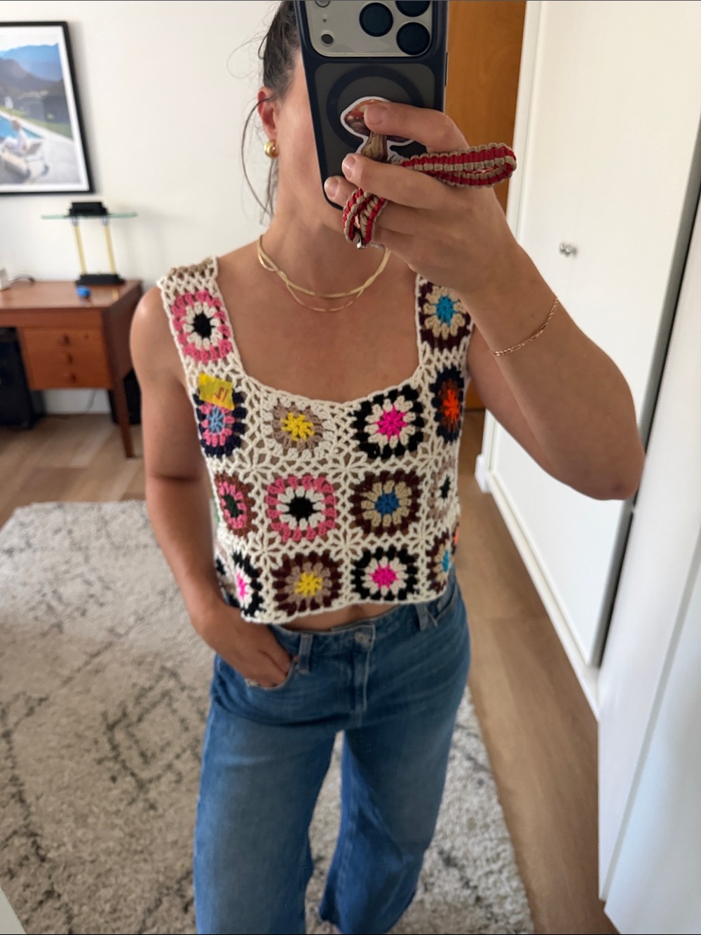 Crochet cropped Tank Top in Cream with Multicolor Accents